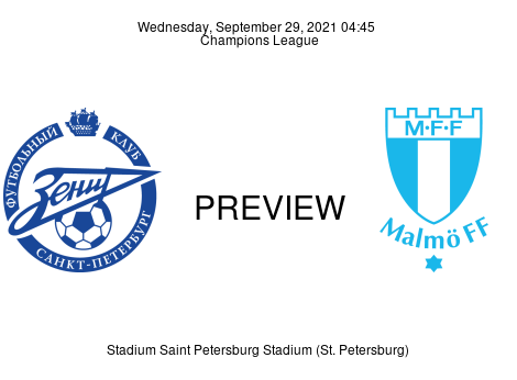 Match Preview Zenit vs Malmö FF Champions League Sep 29, 2021